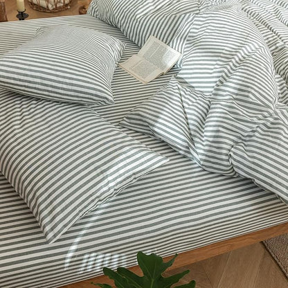 MooMee Striped Duvet Cover Set 100% Washed Cotton Linen Like Textured Breathable Durable Soft Comfy (Heathered Green Classic Stripes, Super King 108"x98")