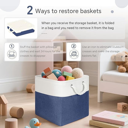 Cube Storage Baskets, 6 Pack 11x11 inch with Cotton Handles for Closet, Shelves, Clothes, Towel (White/Navy Blue)