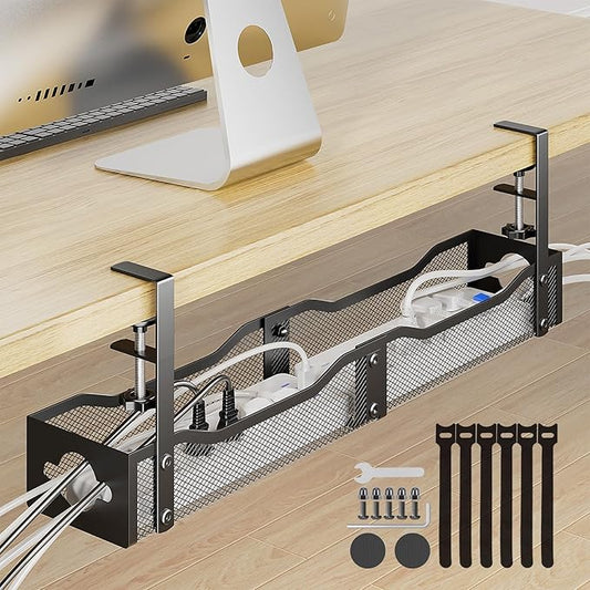 DELAMU 25'' Upgraded Cord Management, No Dill Under Desk Cable Tray with F-Clamp, Metal Cable Management Tray to Under Desk Organizer for Home Office, 1 Pack, Black