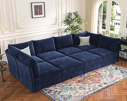 ABCASA 136.4" Oversized Modular Sectional Sleeper Sofa Bed, U Shaped Convertible Couch with Movable Ottoman, Large 8 Seat Corner Couches for Living Room Deep Seat Blue Chenille