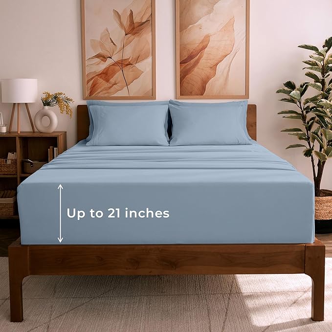 Mellanni California King Sheet Set - 6-Piece Iconic Collection Bedding, (Including 4 Pillowcases), 21-Inch Extra Deep Pocket, Easy Care, Ultra Soft, Cooling Sheets, Brushed Microfiber - Blue Hydrangea