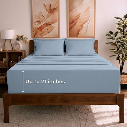 Mellanni California King Sheet Set - 6-Piece Iconic Collection Bedding, (Including 4 Pillowcases), 21-Inch Extra Deep Pocket, Easy Care, Ultra Soft, Cooling Sheets, Brushed Microfiber - Blue Hydrangea