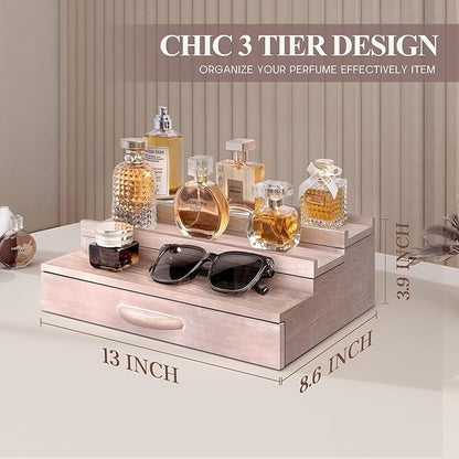 EOSAHR Decorative Cologne Organizer with Storage Drawer - 3 Tier Cologne Holder with Hidden Compartment - Perfume Stand Organizer for Dresser and Room Decor (Natural)
