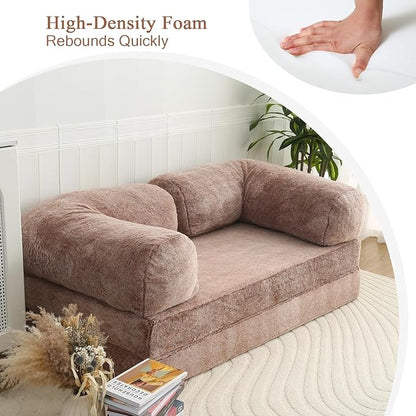 COMAX 4-in-1 Futon Sofa Bed, Queen Size Foldable Couch with L-Shaped Armrests, Convertible Sleeper Chair Bed, Comfortable Lounge Mattress for Living Room and Bedroom, Snow Brown