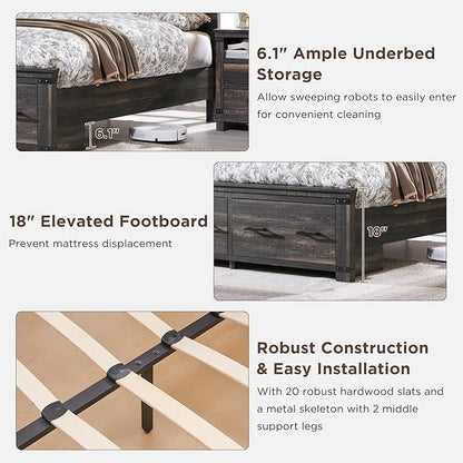 T4TREAM Farmhouse Queen Size Bed Frame with 54" Tall Geometric Headboard & 2 Large Storage Drawers, Rustic Wood Platform Bed with Wood Slats Support, No Box Spring Needed, Dark Rustic Oak
