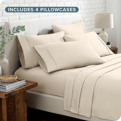 Bare Home Hotel Luxury Queen Sheet Set, Extra Soft - 6 Piece Set - Deep Pockets - Easy Fit - Cooling & Breathable - Wrinkle, Fade, Stain Resistant - Includes 4 Pillowcases (Queen, Sand)