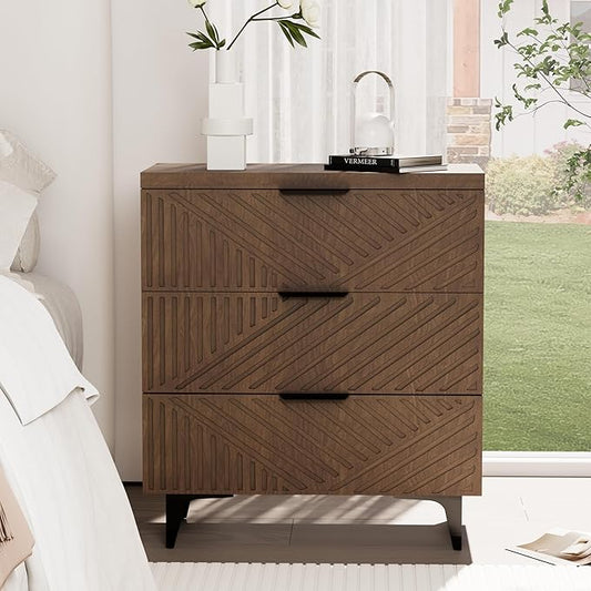 Royal Windsor Fluted Nightstand with 3 Drawers, Side End Table, Accent Storage Cabinet,Modern Night Stand Bedside Table for Bedroom,Brown