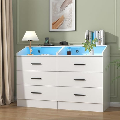 3 Drawers Dresser with Power Outlet, Chest of Drawers with LED Light, White Dresser Organizer with Open Storage Cubby, Modern Nightshatnd for Bedroom, Living Room, Entryway, Hallway