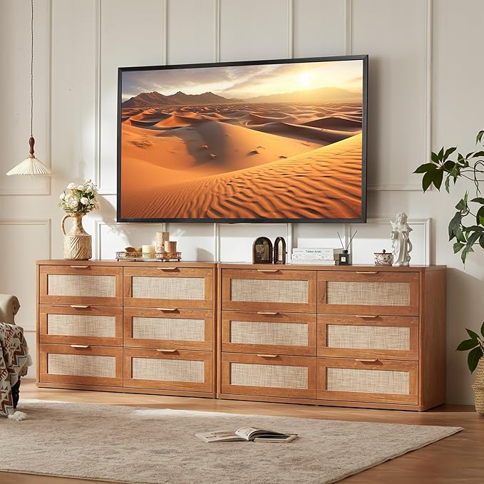 LEYAOYAO Rattan Dresser and Nightstand Sets 3, Boho Wood Dresser for Bedroom with 6 Drawers and Night Stand with 3 Drawer, Bedroom Furniture, Dressers & Chests of Drawers, Living Room, Hallway