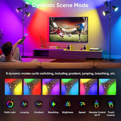 QiMH LED Floor Lamp for Living Room, 36W Modern Standing Lamp with 3 Lights, Tree Floor Lamp for Bedroom with 4 Colors Changing& RGB Mode, Remote and Touch Control Stepless Dimmable Tall Lamp, Black