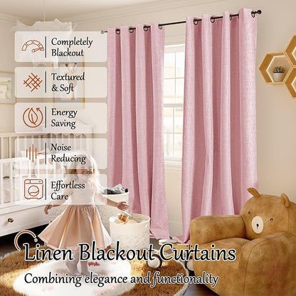 Baby Pink Linen Blackout Curtains for Nursery 95 Inch Length 2 Panels Set, Thermal Insulated Boho Total Black Out Noise Reducing Bonzer Grommets Window Curtains for Girls Bedroom, Each 52 Inch Wide