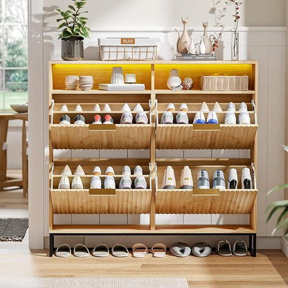 VINGLI Fluted Shoe Cabinet Storage for Entryway,Hidden Shoes Storage Cabinet with 4 Flip Drawers, Mid Century Modern Shoe Rack with LED Light,Shoes Organizer with Cubby for Hallway(Natural Oak)