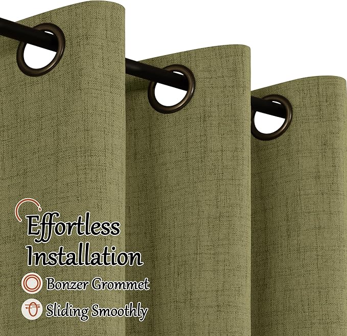 Olive Green Linen Blackout Curtains - 84 Inch Long Total Black Out Curtains for Bedroom Living Room, Thermal Insulated Room Darkening Light Blocking Faux Linen Curtains Each 52x84 Inch 2 Panels