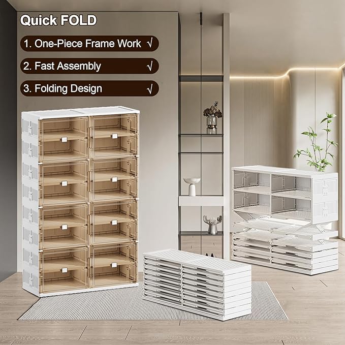 32 Pairs Shoes Storage Cabinet of 3-Step Fast Installation,Plastic Shoe Rack with Clear Magnetic Door for Display, Shoe Organizer for Sneaker, Sandals, Heels (2 Row, 8 Tier)