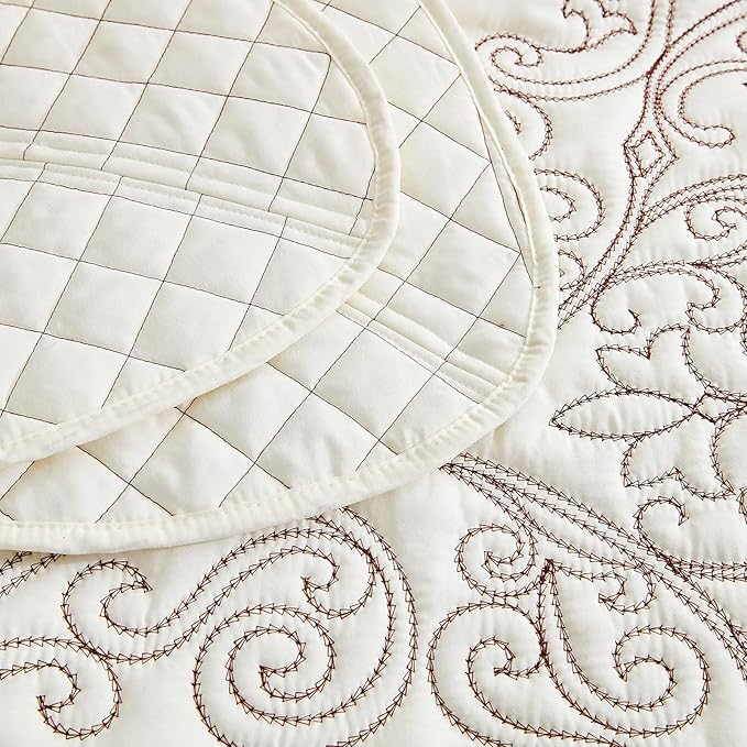 CHIXIN Bedspread Coverlet Set Queen Size - Lightweight Bedding Cover - Beautiful Stitching - 5 Piece Reversible Bedspread - Luxury Damask Paisley Pattern (Queen, Ivory)