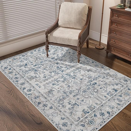 jinchan Lima Vintage Area Rug 3x5 for Entryway - Machine Washable Stain Resistant Non-Slip Low Pile Ultra-Thin Floral Print Indoor Rug for Kitchen Bedroom Living Room (3x5ft, Blue)
