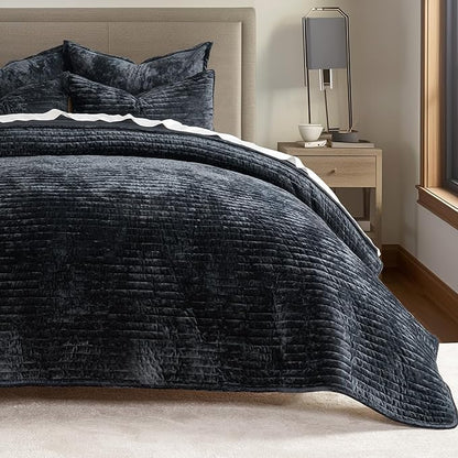 EVERGRACE Velvet Quilt Set King Size, Luxurious Soft Striped Channel Bedding Set, Lightweight Velvet Comforter for All Season, Oversized Bedspread Coverlet with 2 Matching Shams, Black