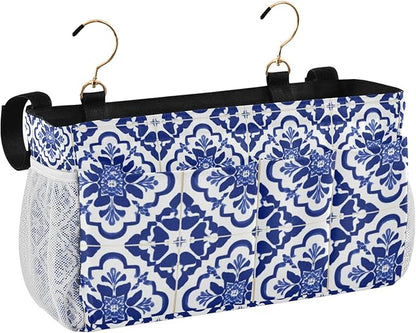 Bedside Caddy Hanging Bunk Bed Caddy Bed Organizer Hanging Pocket with 2 Hooks Bedside Storage Organizer Pocket Bag Holder Floral Blue and White Geometric