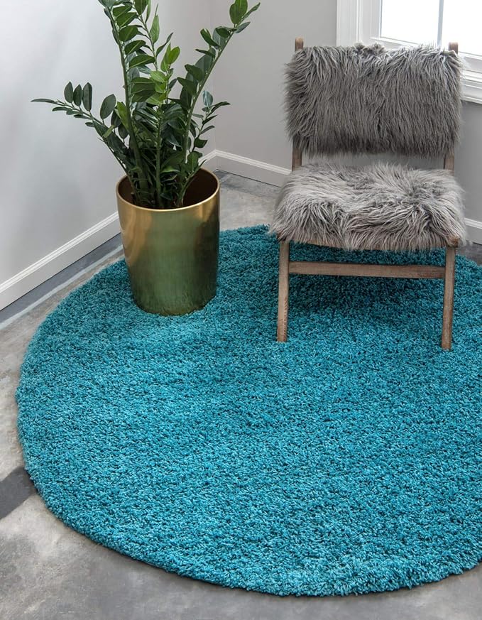 Unique Loom Solid Shag Collection Area Rug (8' Round, Deep Aqua Blue)