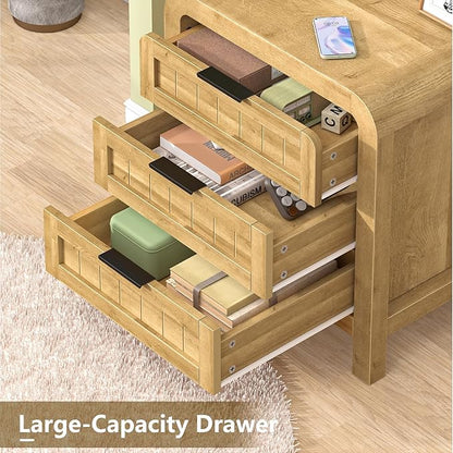 IKENO Wood Nightstand with 3 Storage Drawer, 21" Wide Night Stand with Curved Profile Design, Bedside End Table for Bedroom, Living Room, Closet (1, Natural Oak, 3 Drawer)