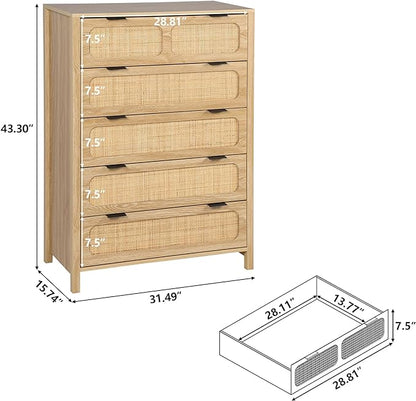 LEVNARY 5 Drawer Chest Dresser, Rattan Tall Dresser 5 Chest of Drawers Dressers for Bedroom, Wooden Storage Cane Cabinet with Metal Handles for Living Room Hallway (Natural)