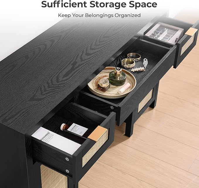 SICOTAS Rattan Vanity Home Office Desk - 52" Large Farmhouse Boho Makeup Vanity Dressing Table with 3 Drawers & 2 Storage Cabinets, Vanities Desk for Makeup Room, Bedroom, Home Office, Black Oak