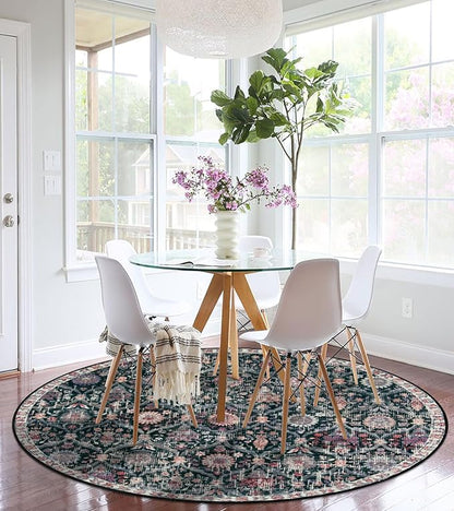 Lahome Moroccan Trellis Washable Round Area Rug, Round Rug 5ft Soft Non-Slip, Non-Shedding Distressed Circle Carpet for Bedroom Living Room Bathroom Nursery Kitchen, Black/Multi