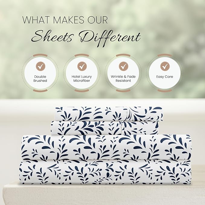 Linen Market Double-Brushed Patterned Microfiber Queen Sheet Set 4 Piece – Oeko-TEX Certified Ultra Soft & Wrinkle-Free - 16" Deep Pocket Sheets - Easy Care Queen Size - Burst of Vines Navy