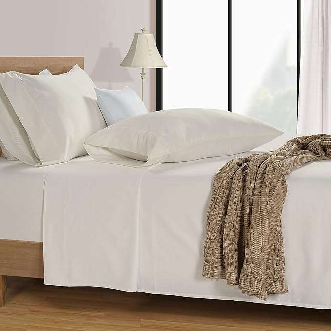 LANE LINEN 600 Thread Count 100% Cotton Bedding Sheet & Pillowcases California King, Soft & Comfy Sateen Weave Hotel Style Thick California King Sheets Set, Machine Wash - Ivory