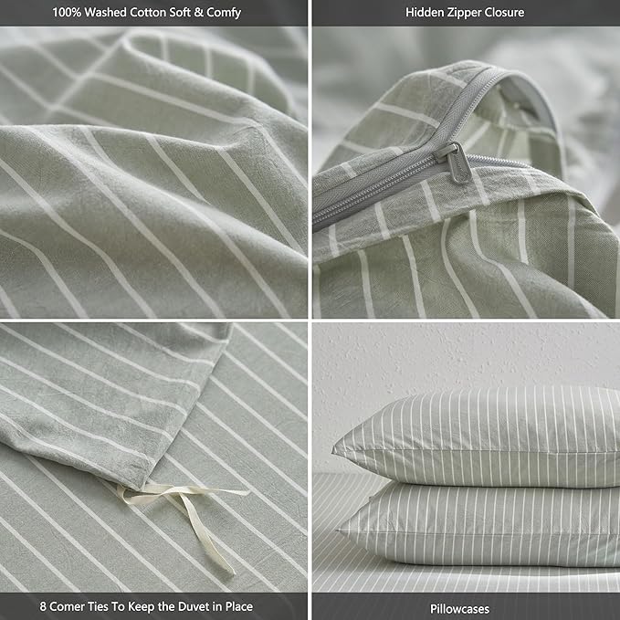 MooMee Striped Duvet Cover Set 100% Washed Cotton Linen Like Textured Breathable Durable Soft Comfy (Sage Green White Wide Stripes, Full 80"x90")