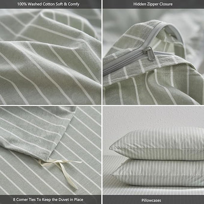 MooMee Striped Duvet Cover Set 100% Washed Cotton Linen Like Textured Breathable Durable Soft Comfy (Sage Green White Wide Stripes, Full 80"x90")