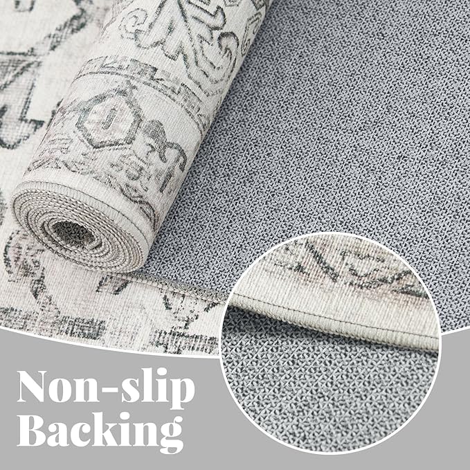jinchan Lima Kitchen Runner Rug 3x8 - Vintage Floral Machine Washable Non-Slip Hallway Runner Rug with Rubber Backing Ultra-Thin Carpet for Bedroom Laundry Room Farmhouse (3x8ft, Grey)