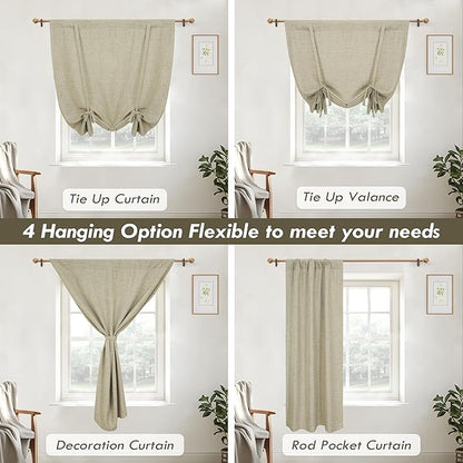 DriftAway Double Layer Linen Blackout Tie Up Curtains Thermal Insulated Fully Lined Balloon Roman Shade Bathroom Window Adjustable Rod Pocket for Small Window 39 Inch by 55 Inch Light Khaki Linen