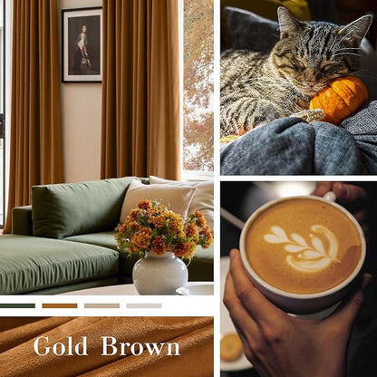 Lazzzy Gold Brown Blackout Velvet Curtains 84 Inch Long Thermal Insulated Room Darkening Curtain Drapes Luxury Back Tab Window Treatments for Bedroom Living Room 2 Panels, 52 x 84 Inch, Golden Brown