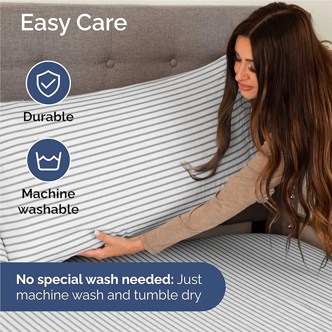 Full 6 Piece Sheet Set - Cooling, Comfy & Breathable - Hotel Luxury Bedding, Includes Fitted Sheet for Women, Men, Kids & Teens - 1 Flat, 1 Fitted Sheet, 4 Pillowcases w/Deep Pockets - Grey Stripes