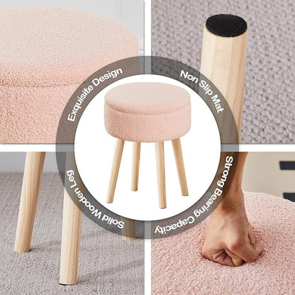 Mxfurhawa Storage Ottoman Foot Stool Teddy Velvet Round Vanity Stool Tray Top Footstool with Wood Legs Upholstered Foot Rest Ottoman for Living Room, Bathroom, Makeup (Pink)