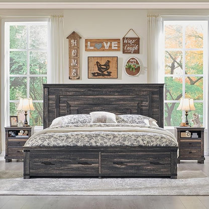 T4TREAM Farmhouse King Size Bed Frame with 54" Tall Geometric Headboard & 2 Large Storage Drawers, Rustic Wood Platform Bed with Wood Slats Support, No Box Spring Needed, Dark Rustic Oak