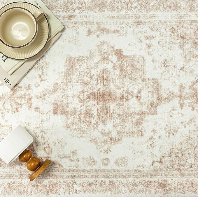 Runner Rug 2x10 Cream Hallway Washable Beige Carpet Non Slip Vintage Medallion Beige Carpet Low Pile Soft Distressed Retro Indoor Long Rug for Entryway Kitchen Bathroom Laundry Bedroom