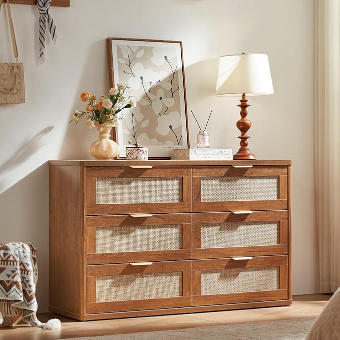 LEYAOYAO Rattan Dresser and Nightstand Sets 3 Piece, Boho Wood Dresser for Bedroom with 6 Drawers and Night Stand with Charging Station, Bedroom Furniture, Dressers & Chests of Drawers, Living Room
