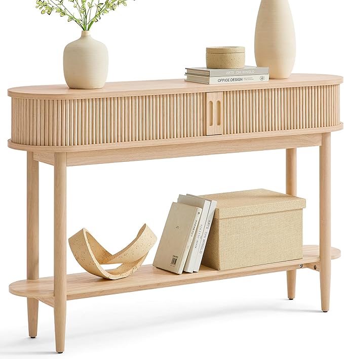 LINSY HOME Fluted Console Table, Mid-Century Modern Entryway Cabinet with Sliding Tambour Doors, Narrow Long Sofa Table, Behind-The-Couch Table for Living Room, Hallway (Light Oak)
