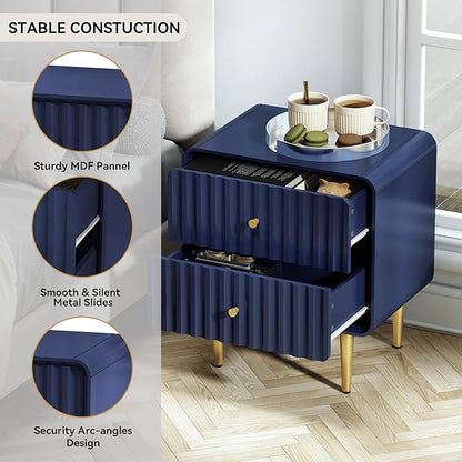 HLR Modern Nightstand, Fluted Bed Side Table with 2 Drawers Storage, Wood End Table with Gold Metal Handle, Blue Night Stands for Bedroom