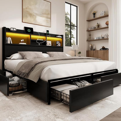 King Storage Bed Frame with 6 Drawers, USB Charging Station, No Noise, No Box Spring Required, Vintage Black Headboard Platform Bed