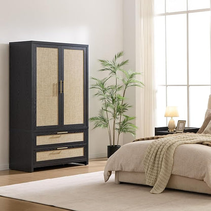 SICOTAS Rattan Armoire Wardrobe Closet Cabinet, 71" Wardrobe Storage Cabinet with Doors, 2 Drawers and Hanging Rod, Boho Large-Capacity Deep Armoire Clothes Organizer for Bedroom, Black Oak