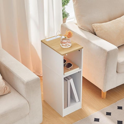 Narrow Nightstand, Slim End Table with Charging Station and LED Sensor Light, Modern Side Table, Bedside Table, for Small Spaces, Living Room, Bedroom, Natural and White ETNW30E01