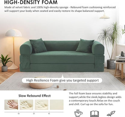 80" Convertible Sofa Bed, 3-in-1 Corduroy Folding Pull Out Couch with Pillows, No Assembly Modern Boneless Couch Compression Sofa in Box, Floor Sofa with Side Storage for Living Room,Light Green