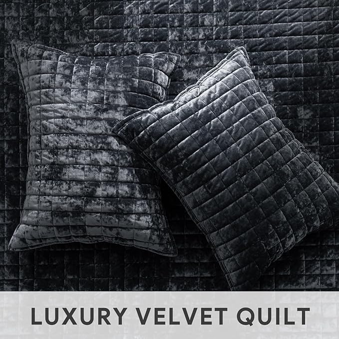 RECYCO Luxury Velvet Quilt Set Full Queen Size Bedding Sets, Ultra Soft Velvet Comforter Set, Lightweight Channel Box Stitch Oversized Bedspread Coverlet for All Season, with 2 Shams, Black