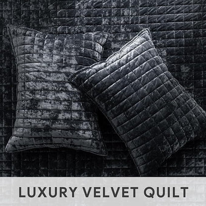 RECYCO Luxury Velvet Quilt Set Full Queen Size Bedding Sets, Ultra Soft Velvet Comforter Set, Lightweight Channel Box Stitch Oversized Bedspread Coverlet for All Season, with 2 Shams, Black