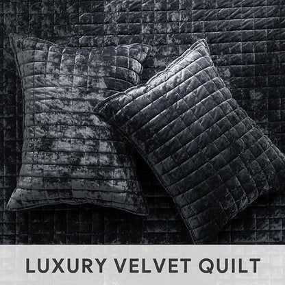 RECYCO Luxury Velvet Quilt Set King Size Bedding Sets, Ultra Soft Velvet Comforter Set, Lightweight Channel Box Stitch Oversized Bedspread Coverlet for All Season, with 2 Shams, Black