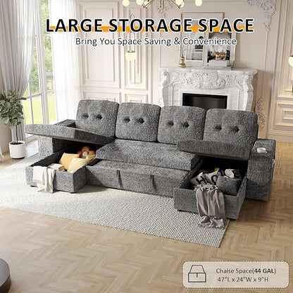 117" Sleeper Sofa Bed, U-Shaped Sofa with Dual Reversible Storage Chaise | Adjustable Backrest | Wide Armrest, Sectional Couches for Living Room, 4 in 1 Pull Out Couch Bed, Grey Chenille