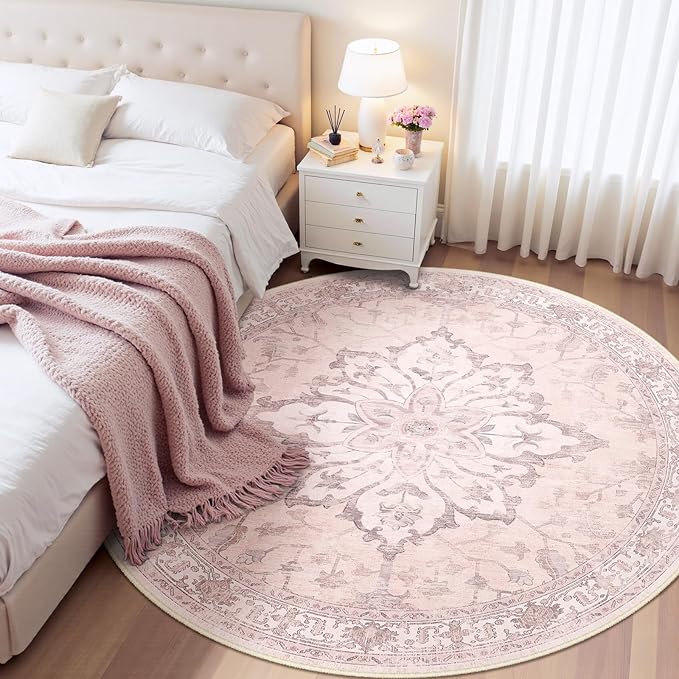 Area Rugs 7ft Washable Non-Slip, Floral Vintage Distress Print Pattern Medallion Carpet for Living Room Bedroom Dining Room, Pink Greypink Cute